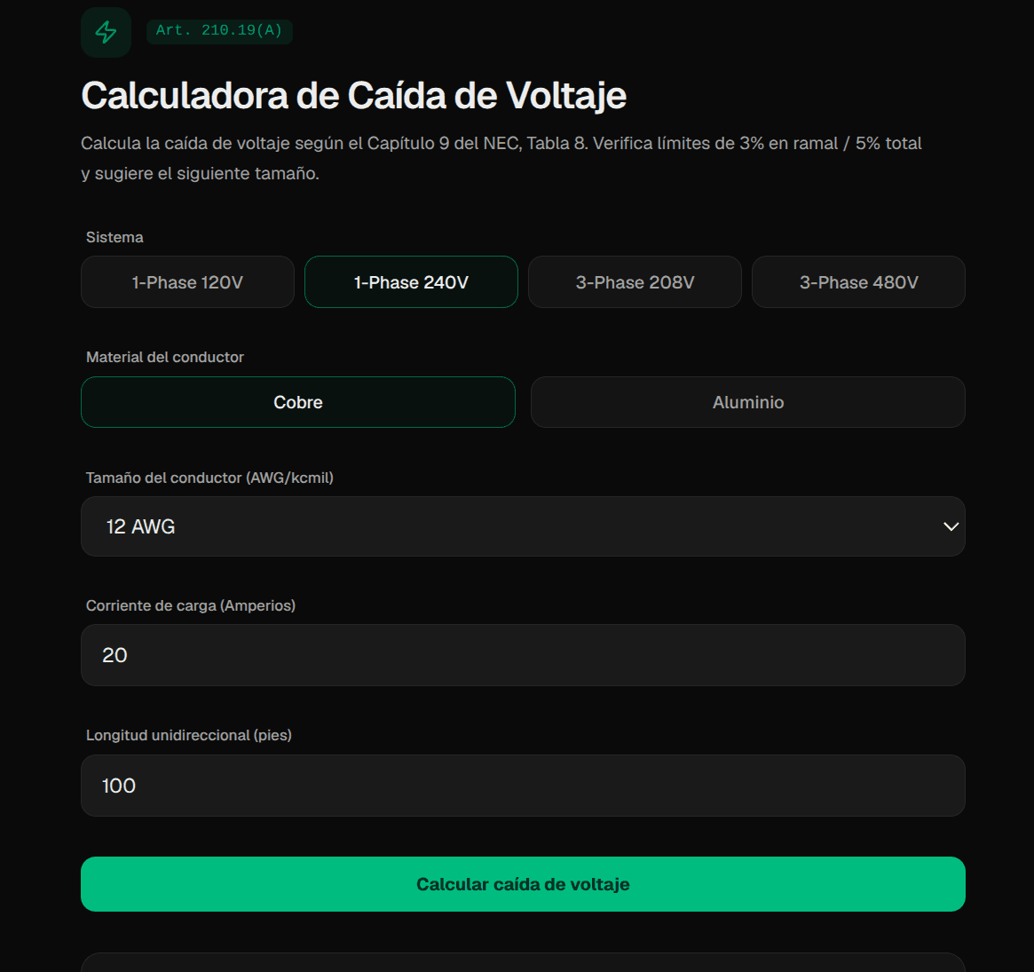 Voltage Drop Calculator - Real Product Screenshot